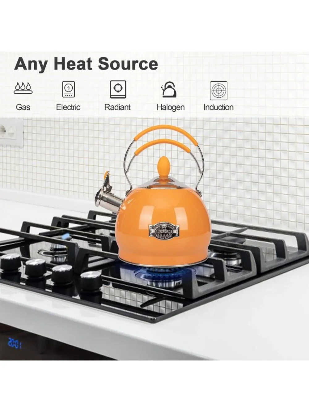2.6 Quart Orange Stainless Steel Kitchen Tea kettle Whistling Stovetop Induction